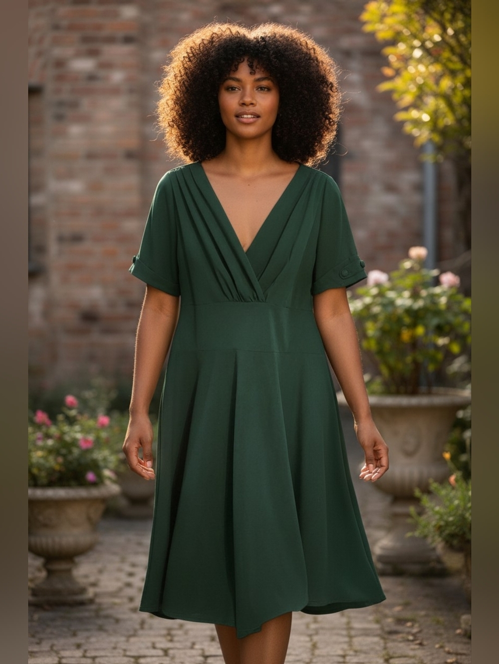 UNBRANDED Hunter Green Chic A-line Midi Dress Short Sleeve Back Zip Plus Sz 16W